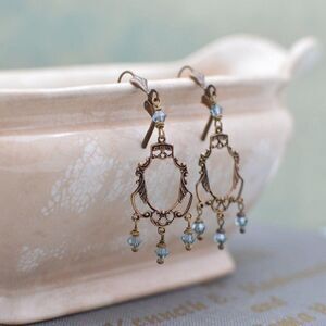 Aged Brass Art Deco Filigree Chandelier Earrings